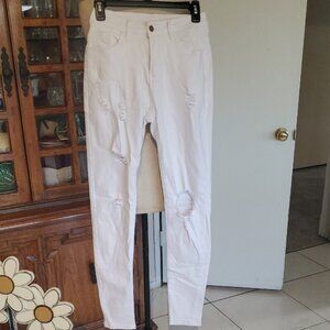 White Skinny HighWaisted Jeans with Distressed Details